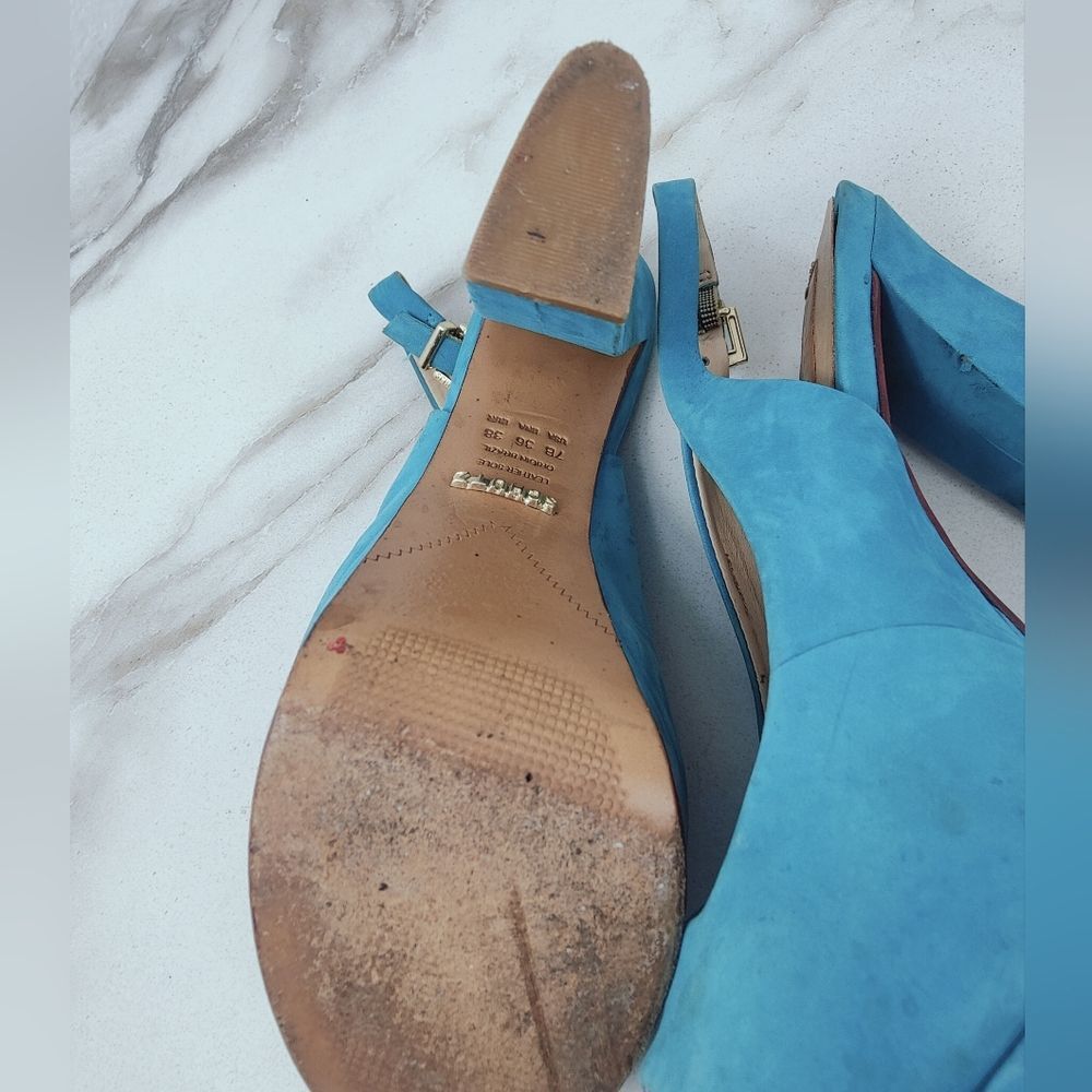 Schutz Turquoise Leather Textile Y2K Style Chunky Platform Peep Toe Heels, 7 - Picture 11 of 15